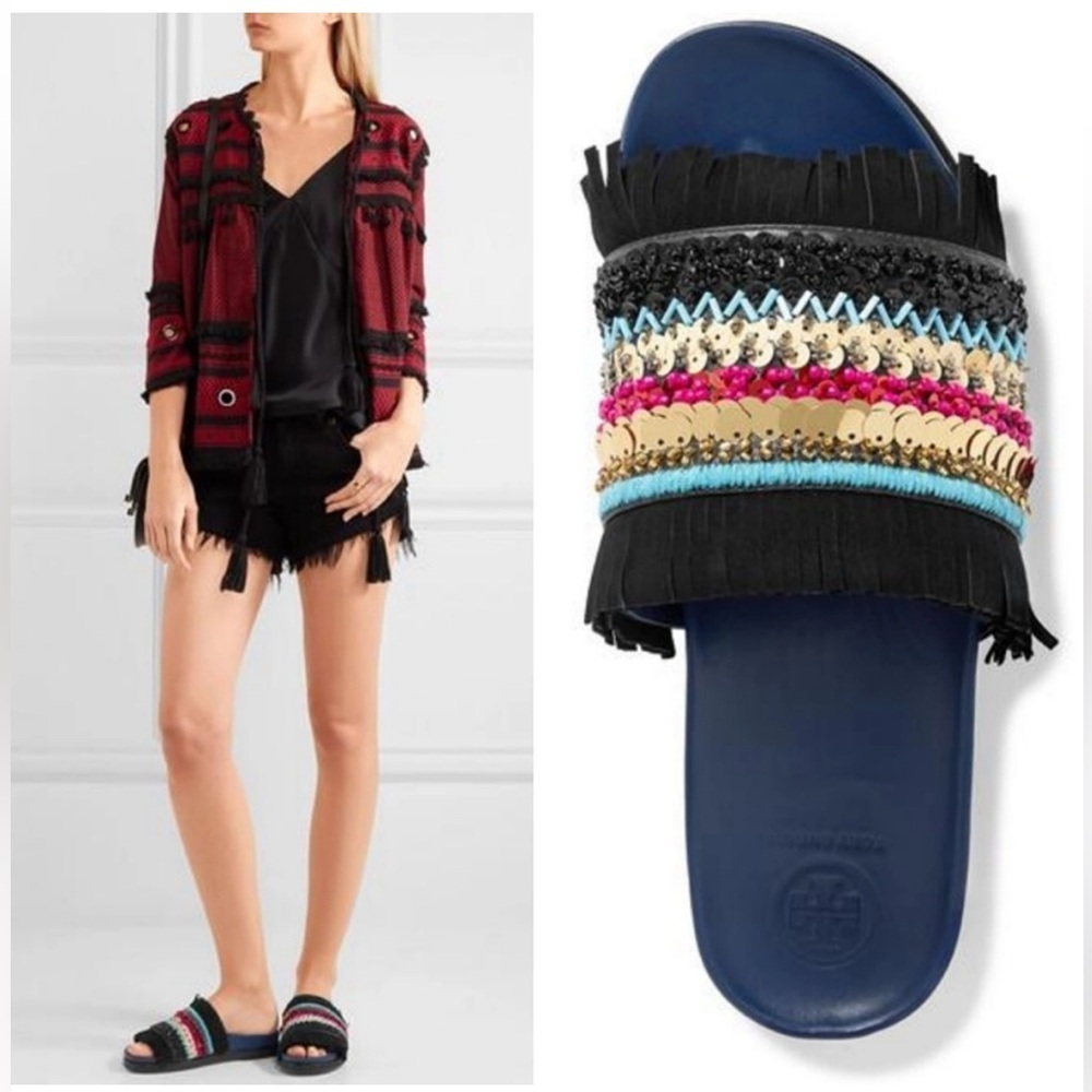 Tory Burch Isle Slide Slipon Sandal Navy Black Sequin Size 7.5
